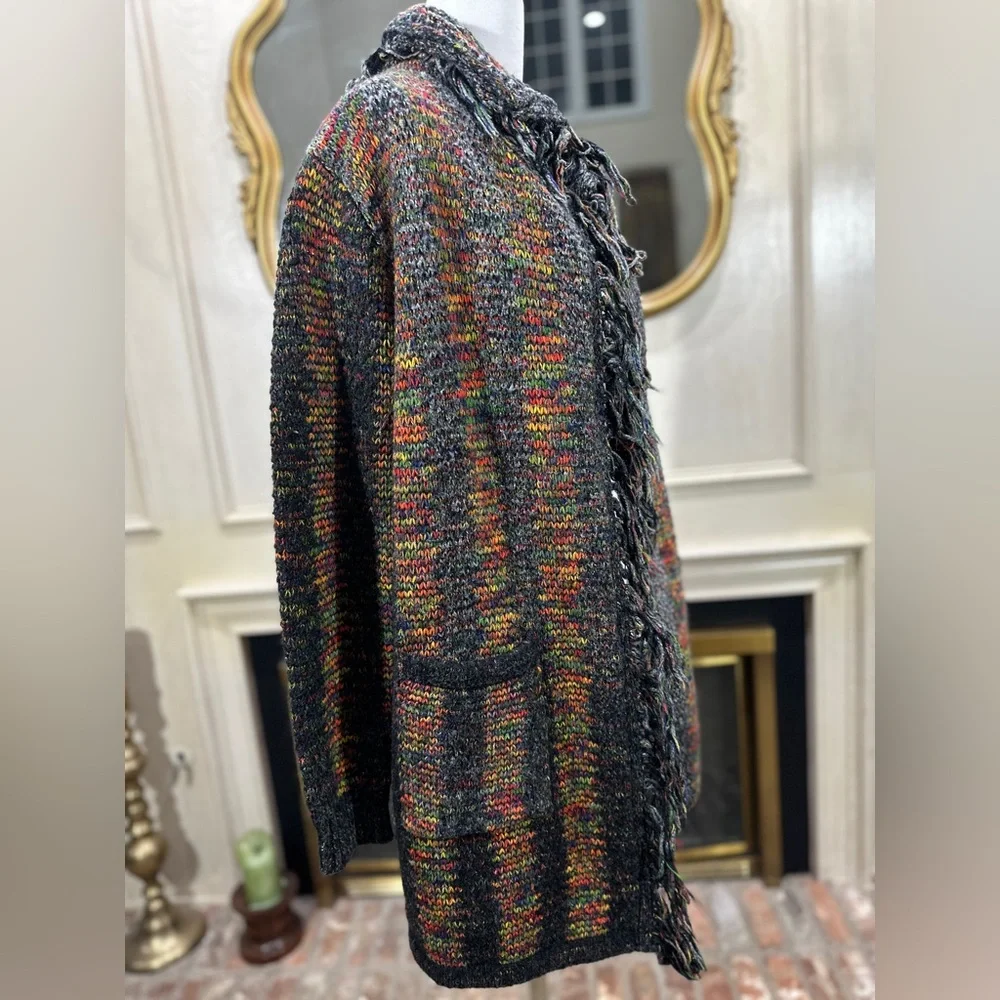 Esqualo Multicolor Knit Fringe Open Front Cardigan Sweater‎ Pockets M - Picture 8 of 12